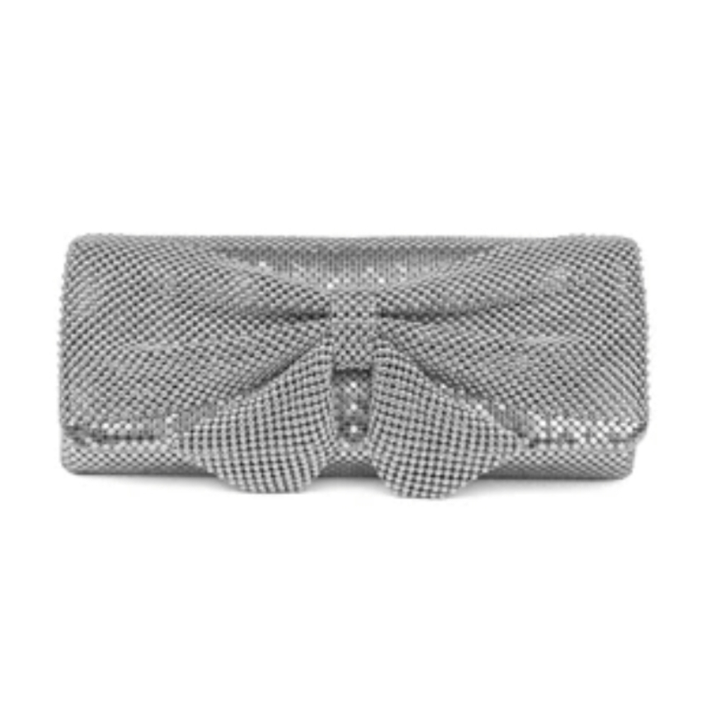 Jessica McClintock Silver Mesh Bow Clutch Wedding Special Occasion NEW